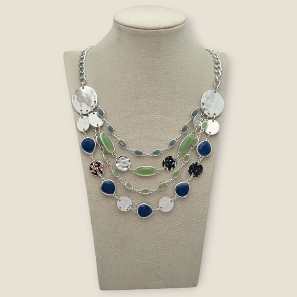 Blue Green Silver Tone Multi Strand Disc Statement Necklace – Layered Boho Chic - Picture 3 of 7